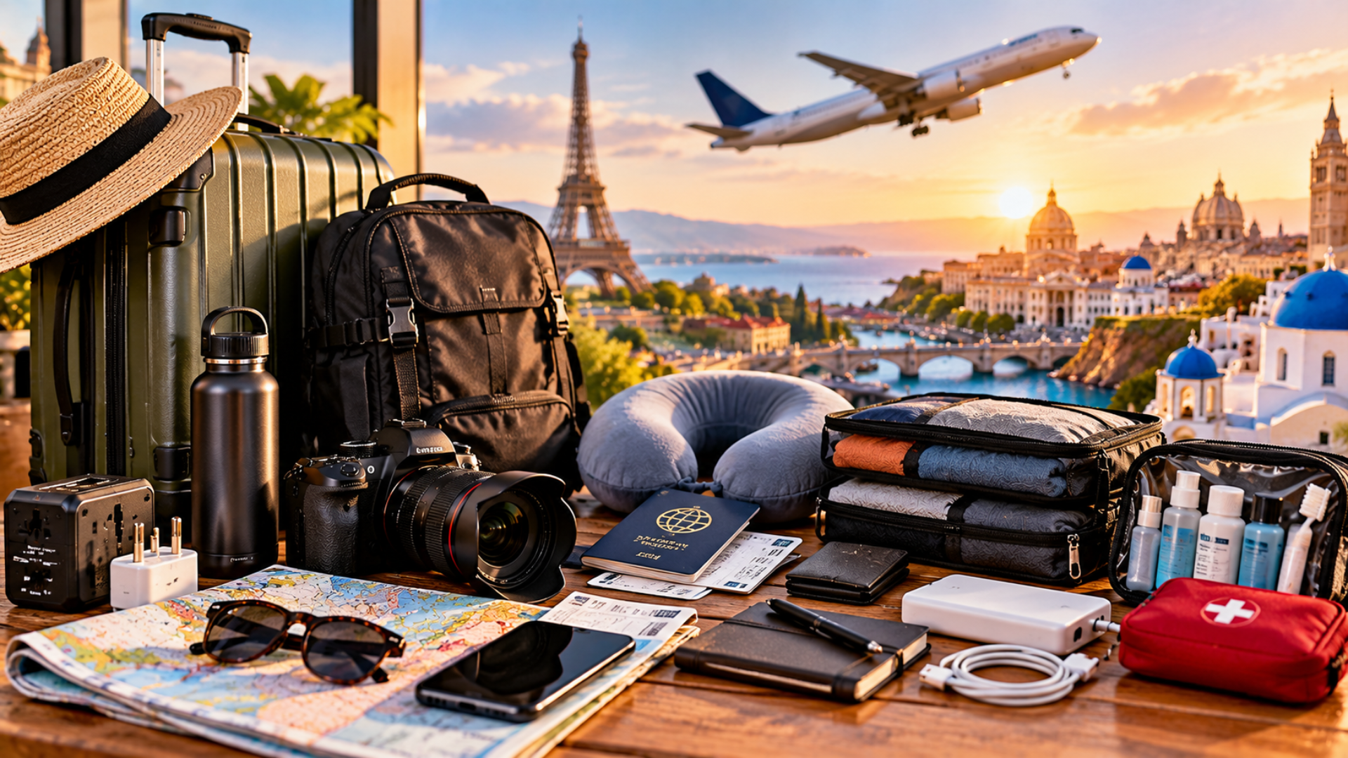 A polished 16:9 travel thumbnail showcases everything needed for a first international trip—luggage, backpack, passport, camera, travel documents, map, adapters, packing cubes, toiletries, and a first-aid kit—with a glowing international cityscape and airplane in the background.