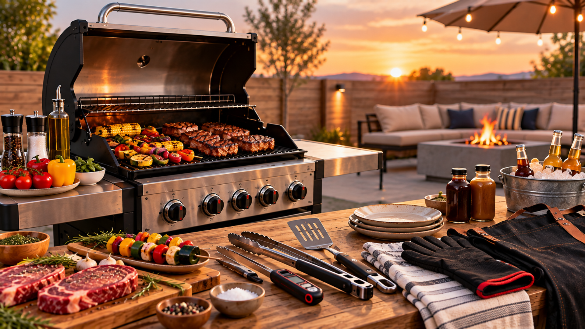 A rich, cinematic 16:9 backyard grilling scene showcases a sizzling grill, fresh ingredients, essential tools, sauces, drinks, and protective gear, all bathed in warm golden-hour light. The cozy patio, string lights, and fire pit give it an inviting, complete-at-home-cookout feel.