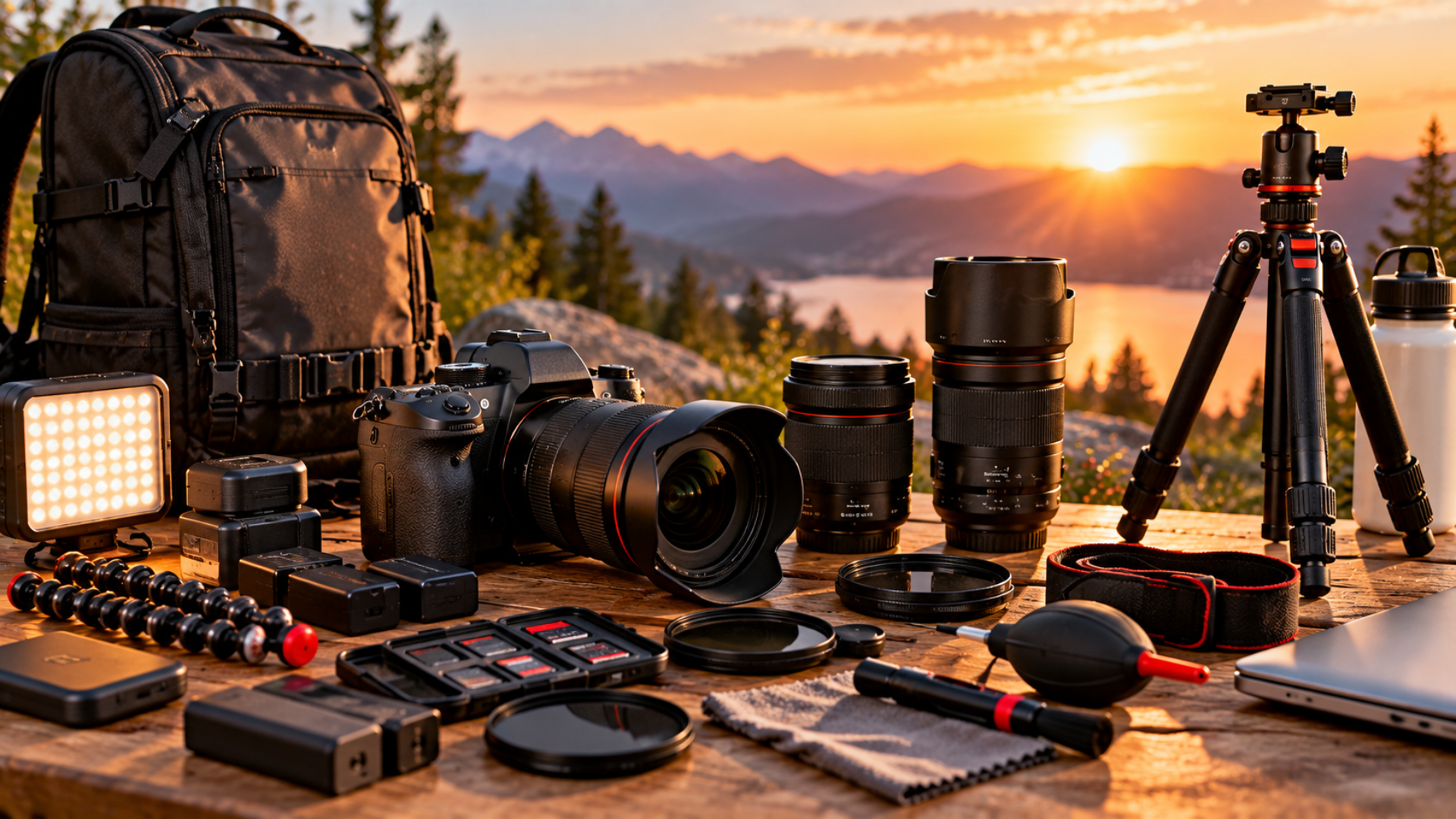 A photography setup is arranged on a wooden table at golden hour, featuring a camera with lenses, tripod, camera bag, lighting panel, batteries, filters, memory cards, cleaning tools, and other accessories, with a mountain lake and sunset in the background.